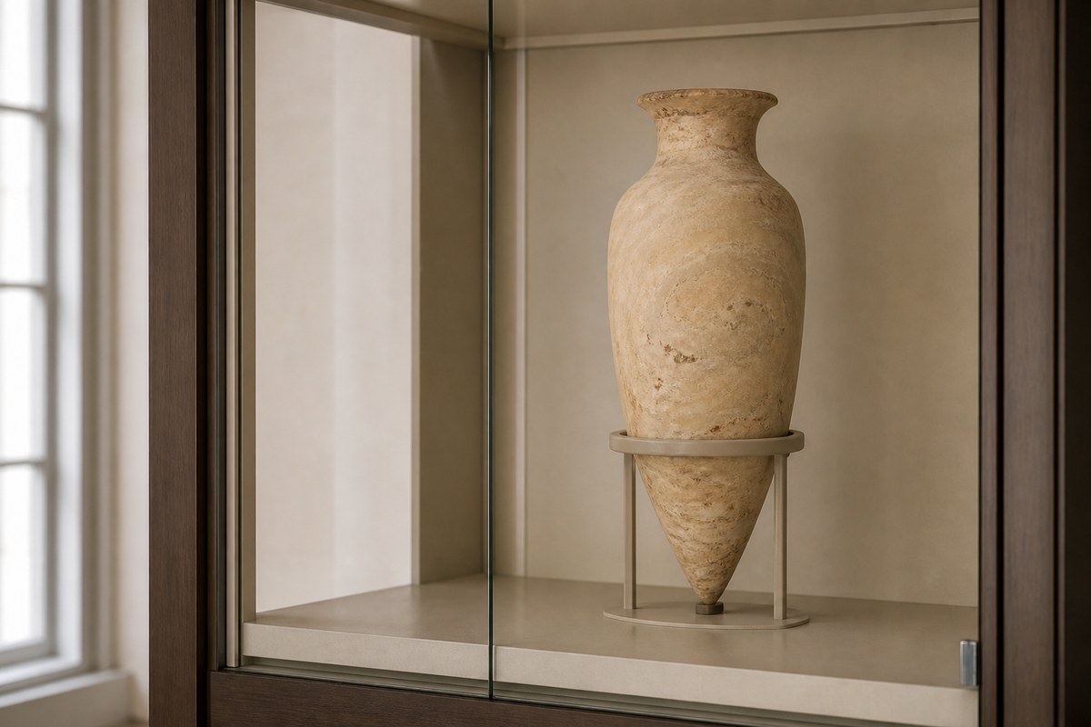 Pointed-base Egyptian-style vessel secured in a fitted inert support inside a display cabinet