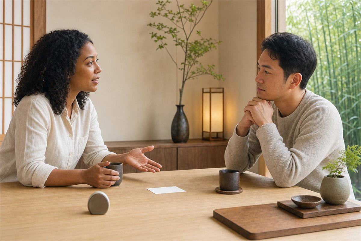 Two adults calmly listening and speaking across a table