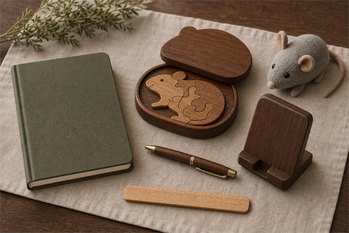 Notebook, enclosed wooden Rat puzzle, pen, phone stand, ruler, and soft Rat toy with rounded construction