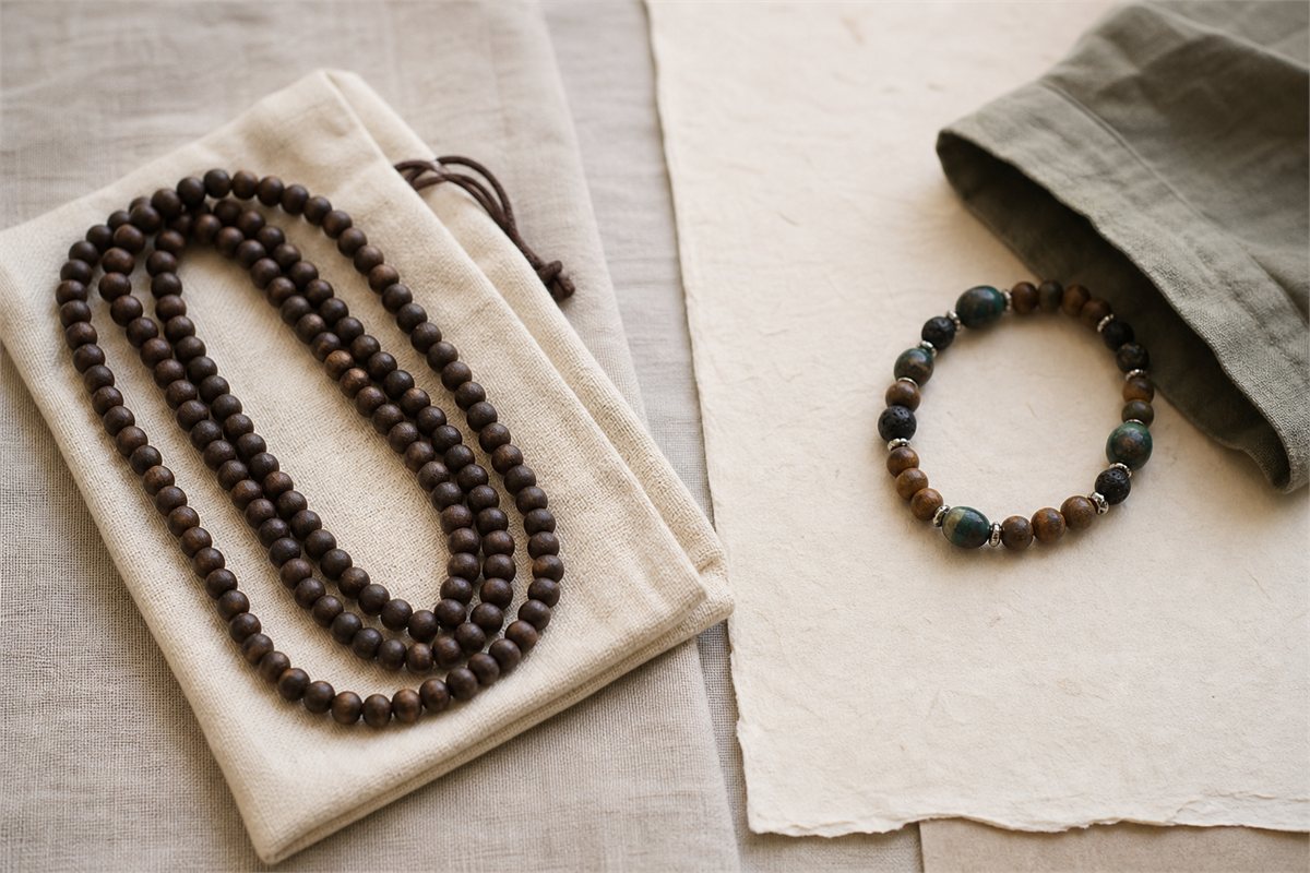 Long dark wooden prayer bead strand kept apart from a short mixed material wrist bracelet