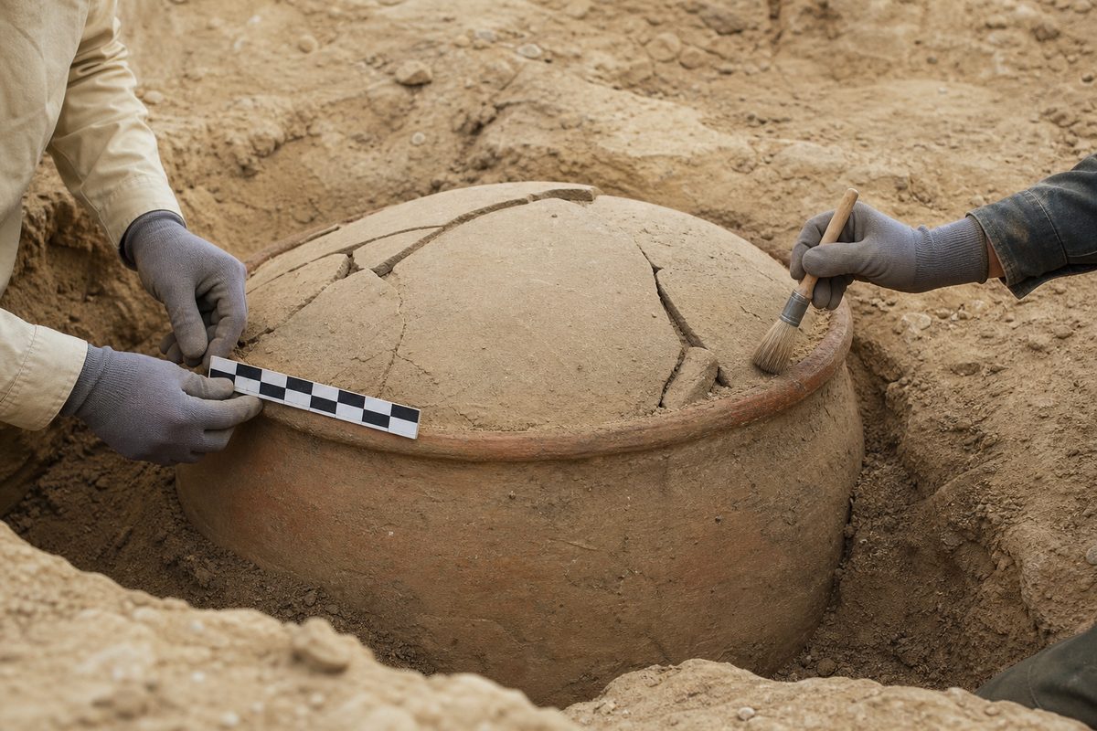 Large ceramic burial vessel documented in a Predynastic Egyptian excavation context