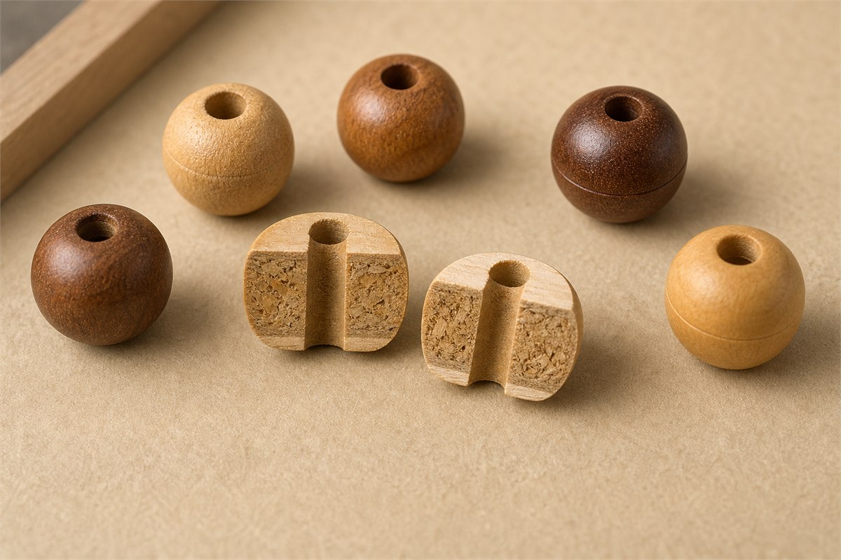 Cutaway composite wooden beads showing compressed particles, layers, seams, and drill channels