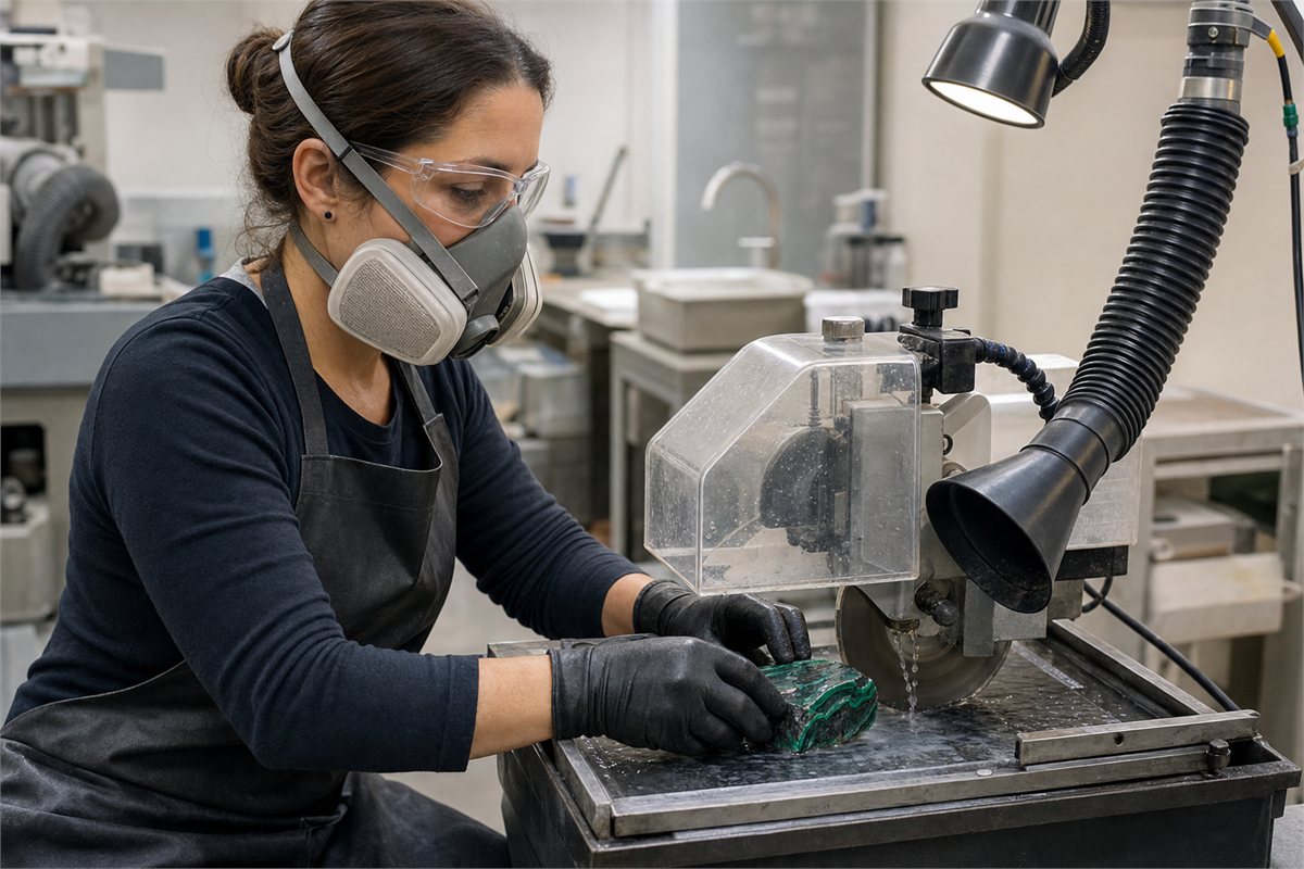 Professional lapidary using a wet saw with splash guard, local exhaust, eye protection, gloves, and respirator
