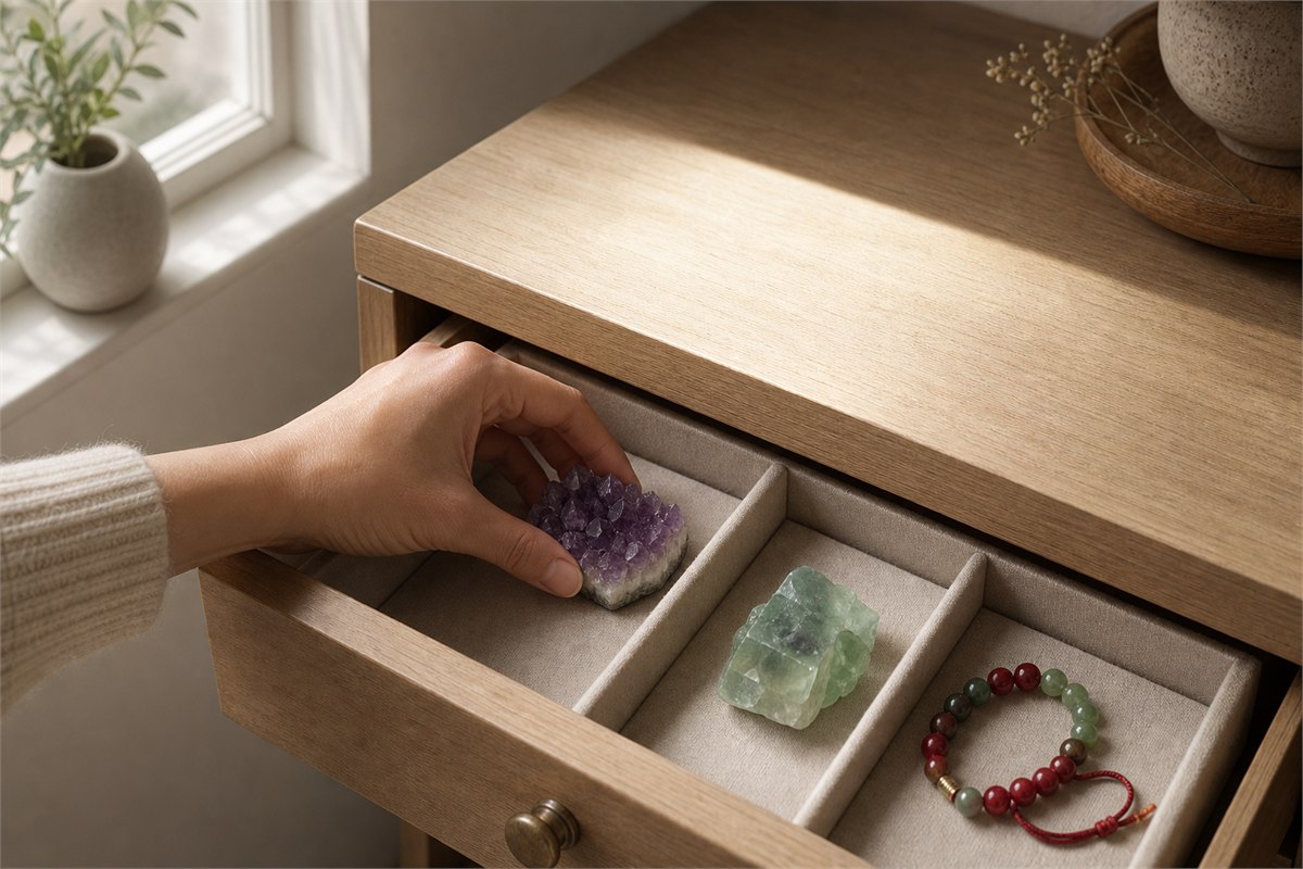 Hand placing amethyst into a shaded lined drawer beside separated fluorite and bead jewelry while the sunlit tabletop stays empty