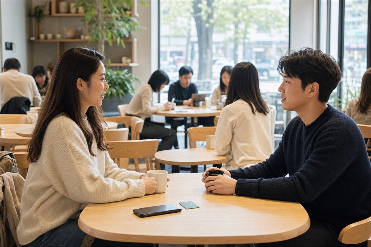 Two adults meet at a busy daytime café while one keeps their own phone and transit card nearby