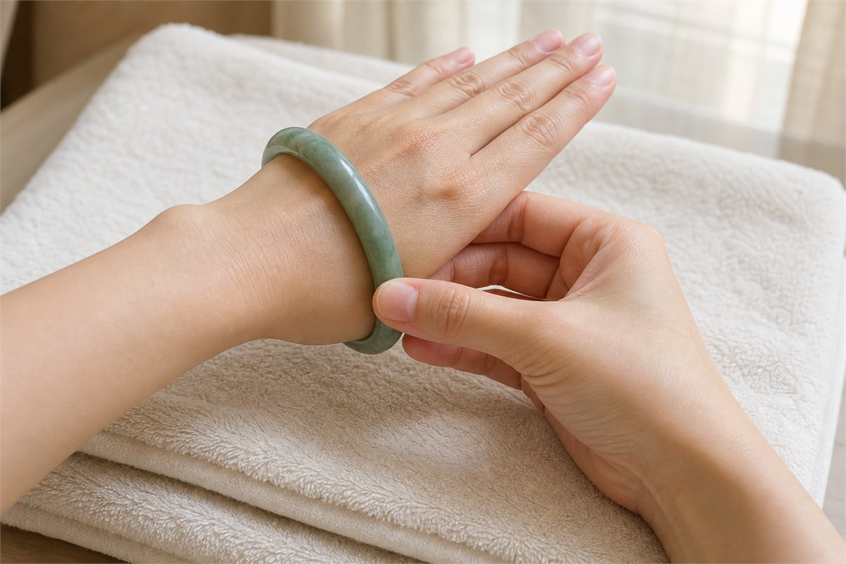Hands guiding a green jade bangle over a relaxed hand above a folded towel