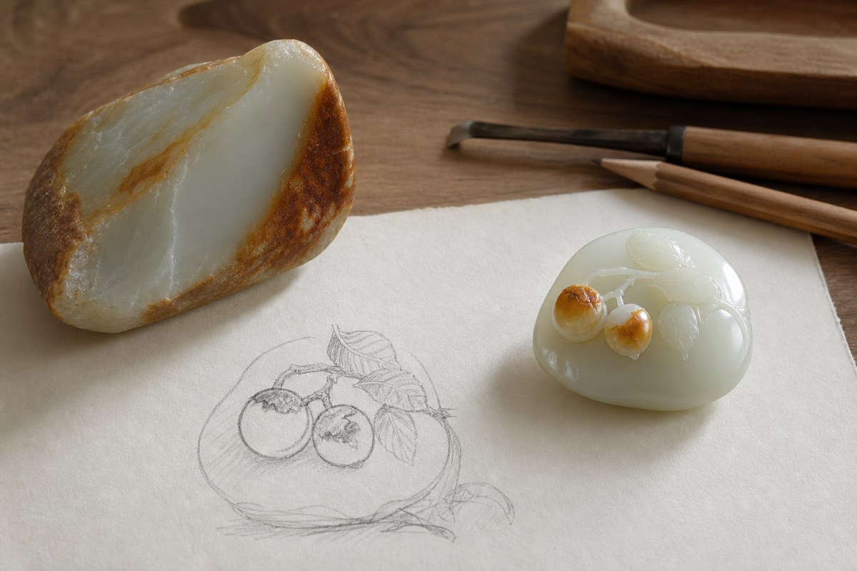 Qiaose jade carving (俏色玉雕) design scene with raw skin-color jade, sketch, and finished carving