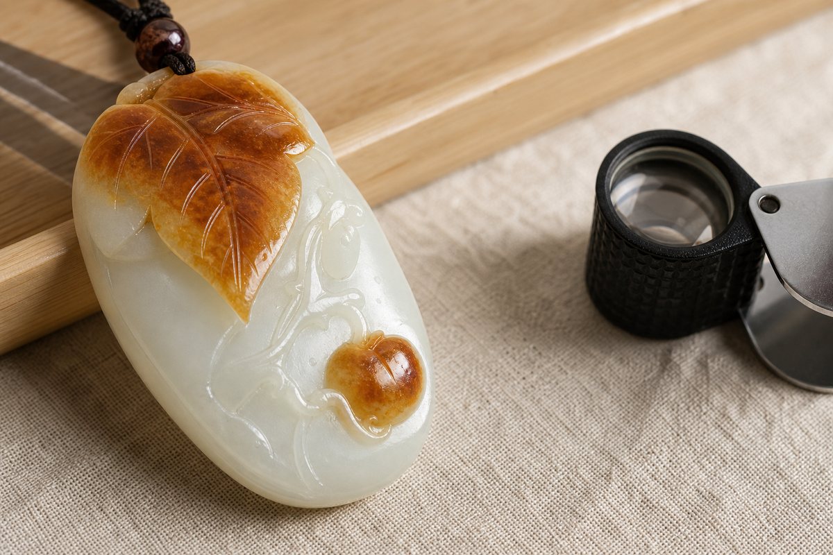 Qiaose jade carving (俏色玉雕) close-up showing clean color boundary and precise knife work