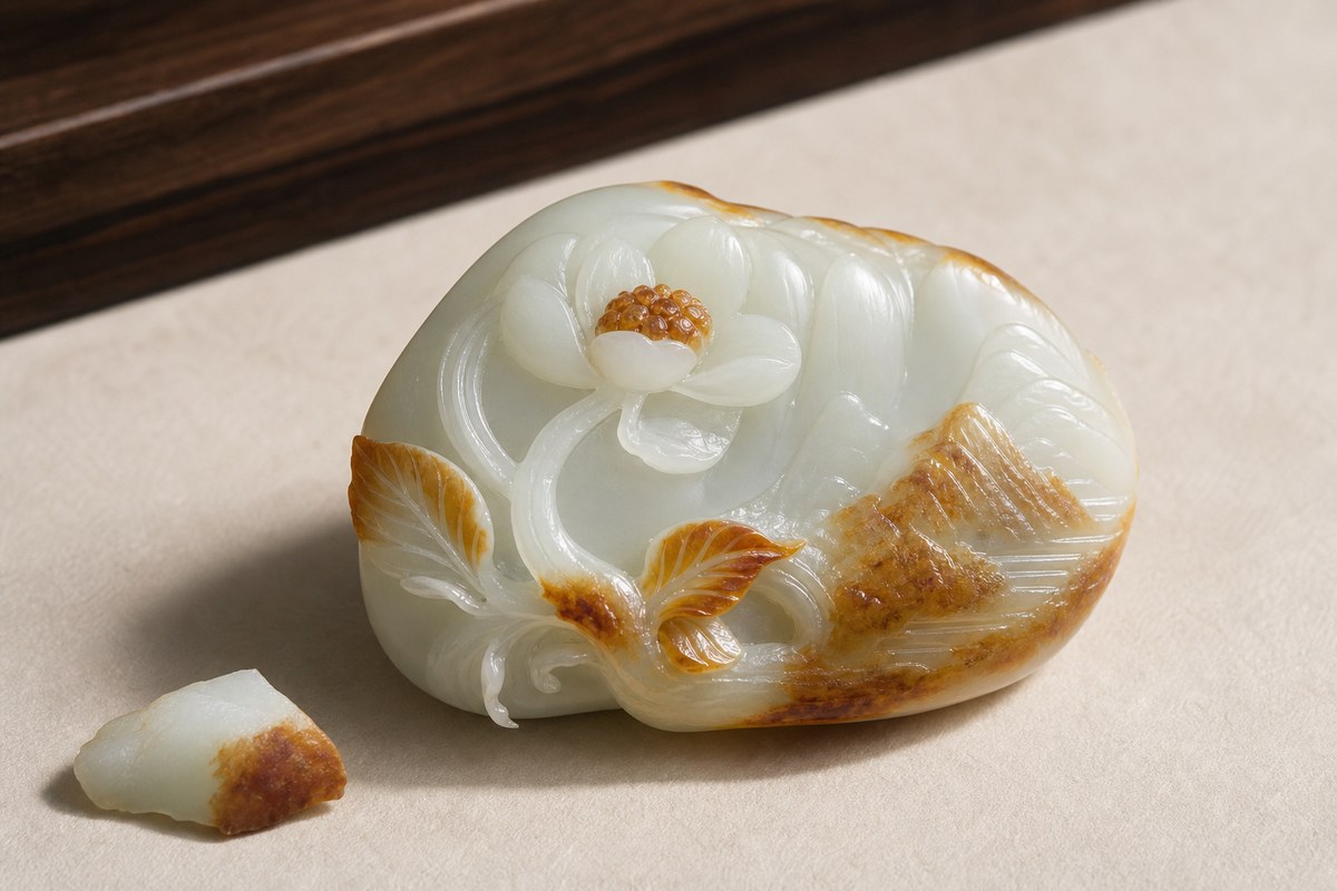 Qiaose (俏色) jade carving detail using natural skin color as flower and leaf highlights