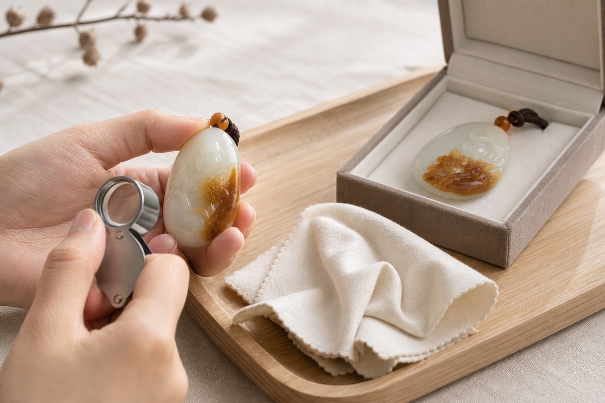 Qiaose jade carving (俏色玉雕) pendant inspected with soft cloth, loupe, and storage box