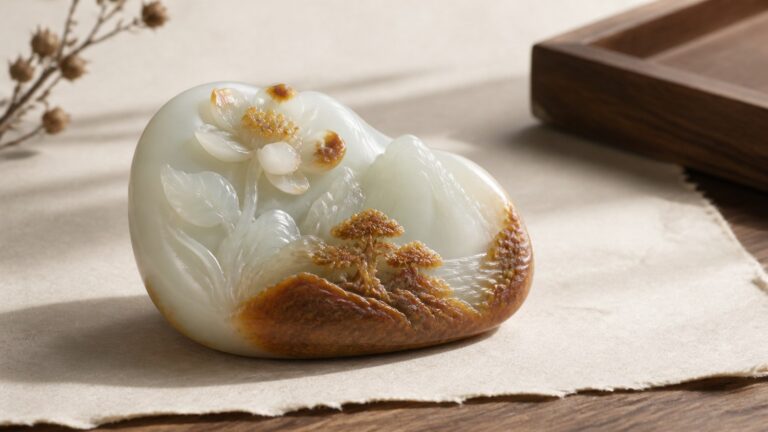 Qiaose jade carving (俏色玉雕) showing natural skin color used as flower and mountain details