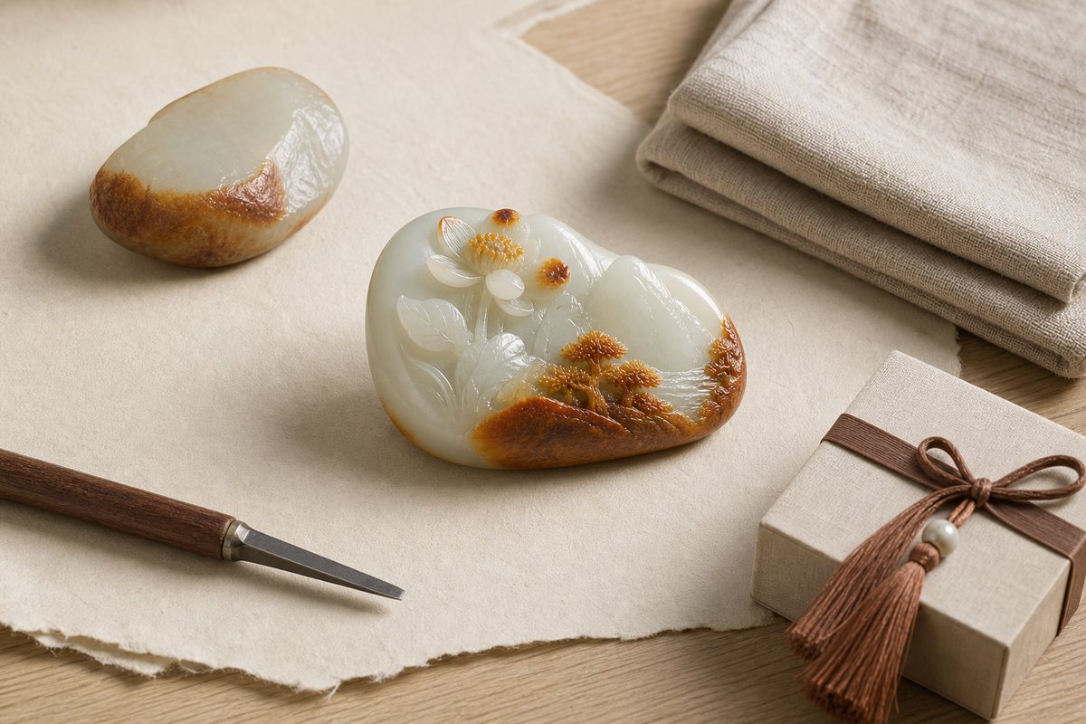 Qiaose jade carving (俏色玉雕) meaning map with raw skin-color jade, carved artwork, tool, and gift box