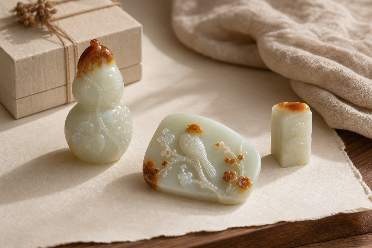 Qiaose jade gift carving with Fu Lu (福禄) and Hong Yun Dang Tou (鸿运当头) symbolism