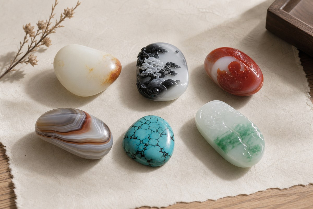 Qiaose jade carving (俏色玉雕) materials including Hetian jade, Nan Hong, turquoise, agate, Qinghua jade, and jadeite