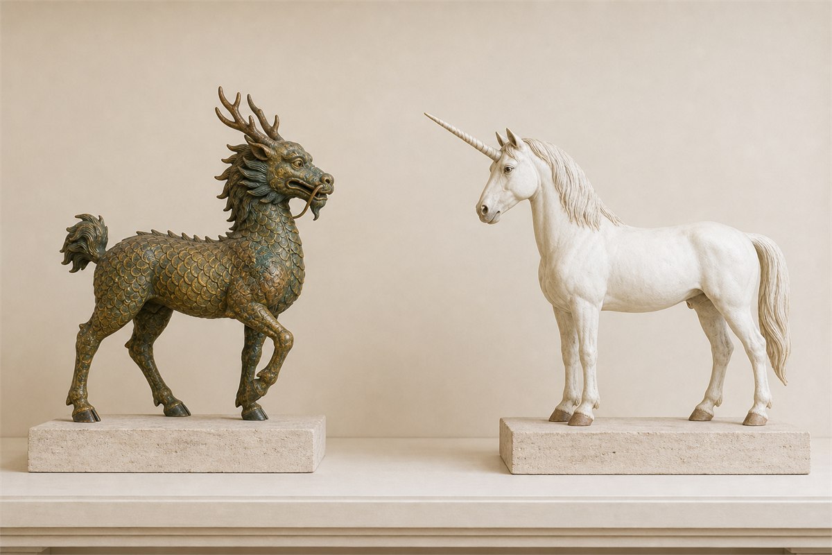 Bronze composite Qilin and white horse unicorn displayed separately on neutral plinths