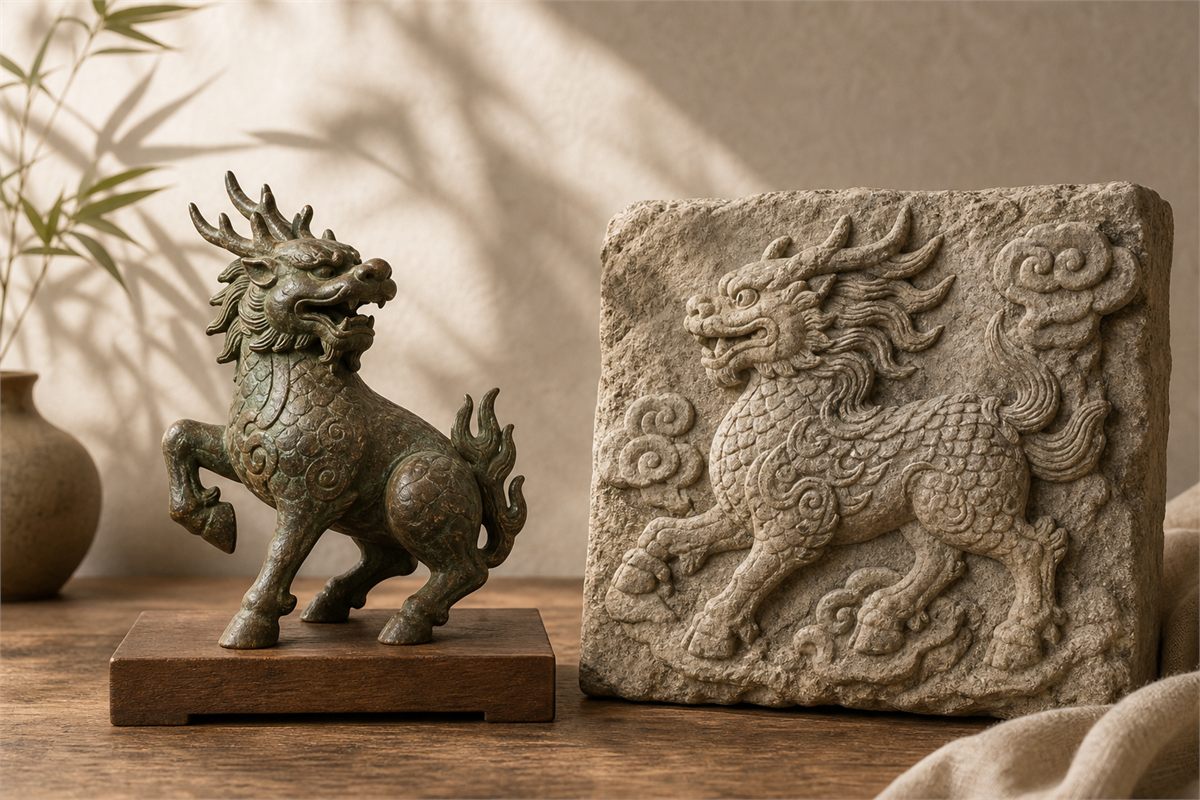 Bronze Qilin ornament and stone Qilin relief with scaled bodies, hooves, and varied horns