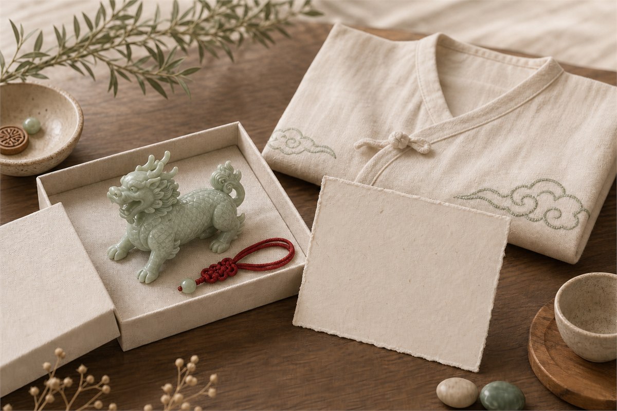 Muted jade Qilin in a linen gift box beside a blank card and folded child textile