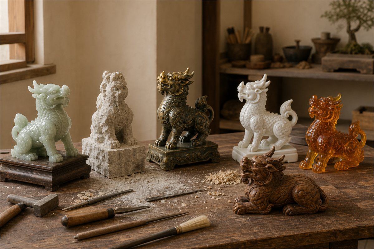 Small Qilin objects in stone, jade-like material, copper alloy, ceramic, glass, and wood on an artisan bench