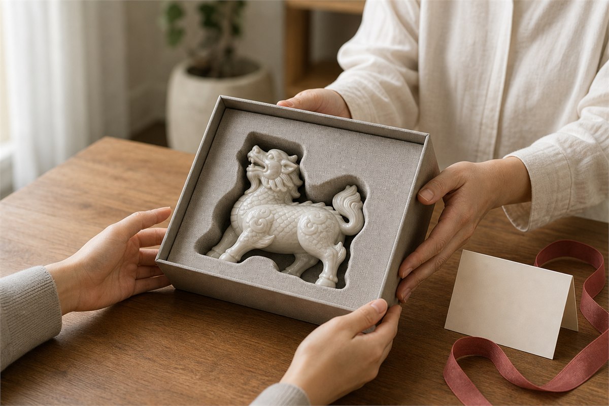 Two adults presenting a boxed white ceramic Qilin with a blank card and muted red ribbon