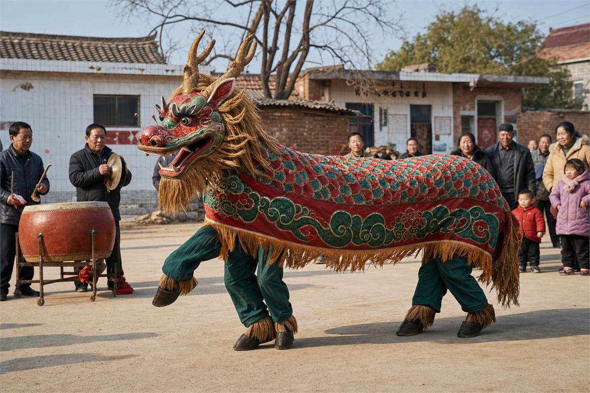 Two-person Qilin costume performing with drum and cymbal musicians in a Henan village square