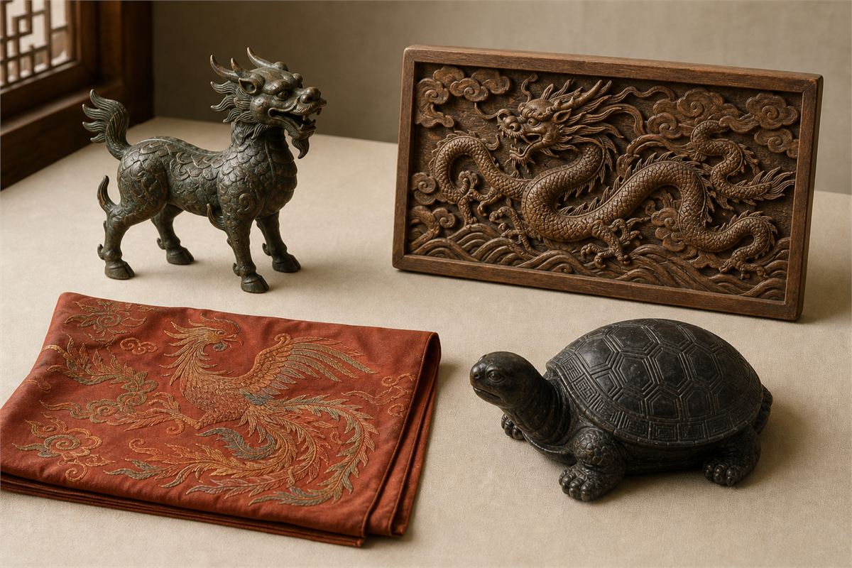 Bronze Qilin, wooden dragon relief, embroidered phoenix textile, and dark stone tortoise arranged equally