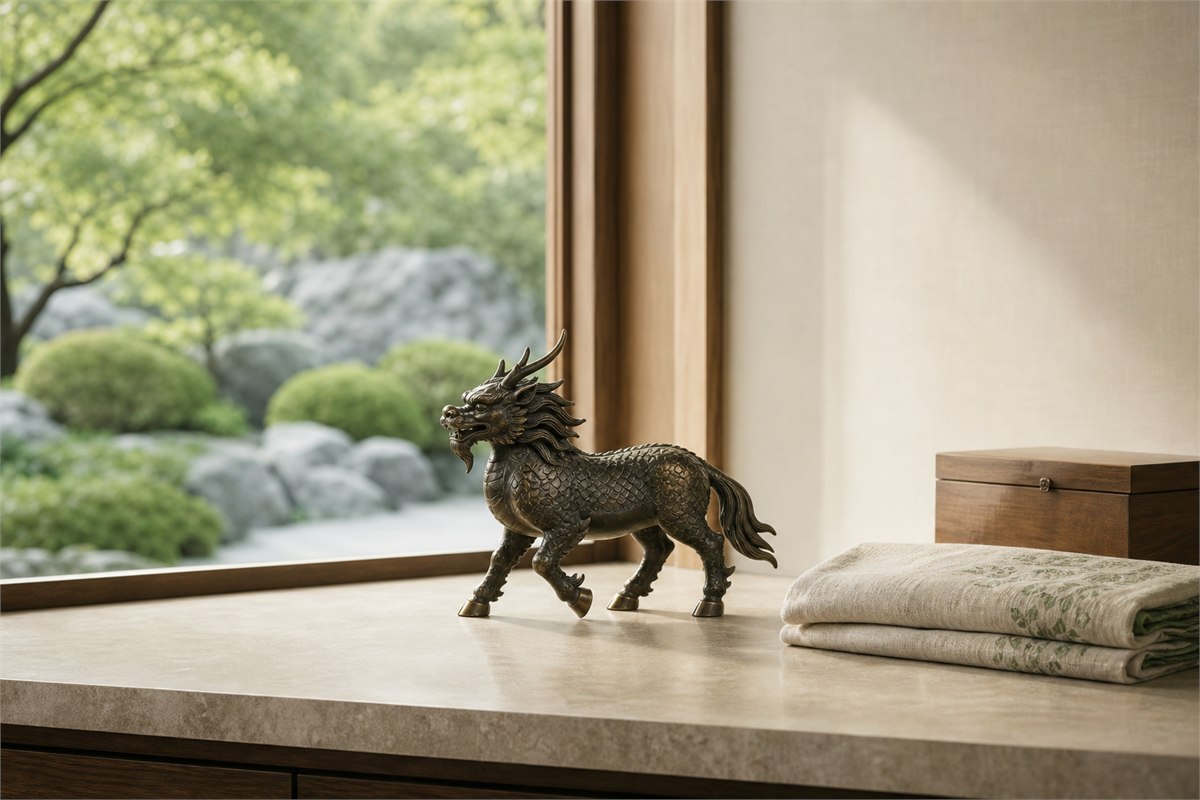 Dark bronze Qilin walking on a broad pale stone ledge beside linen and a wooden box