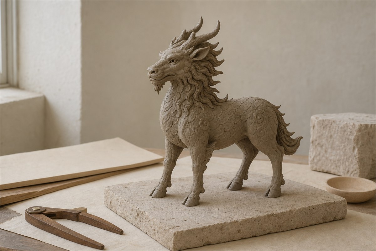 Clay study model of a composite hoofed Qilin with mane, scales, horns, and four hooves