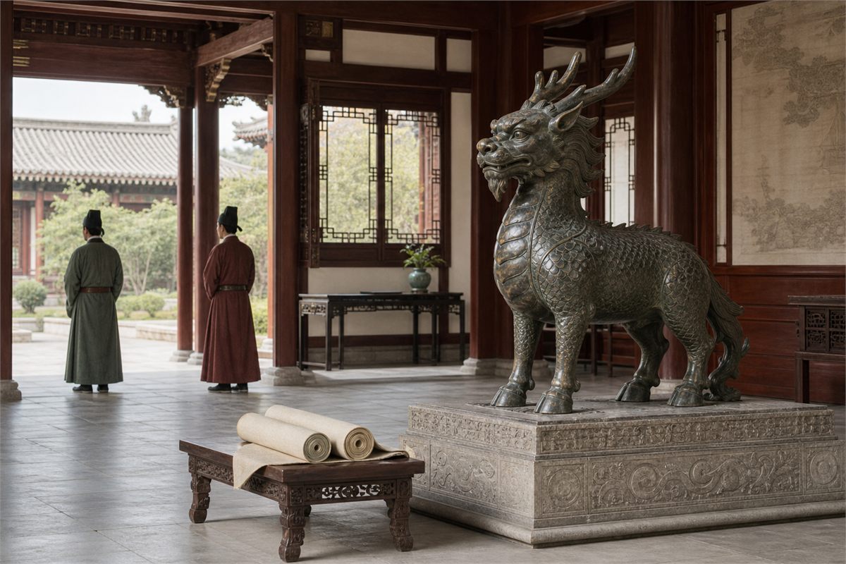 Large bronze Qilin in a restrained late-imperial ceremonial hall with two distant officials