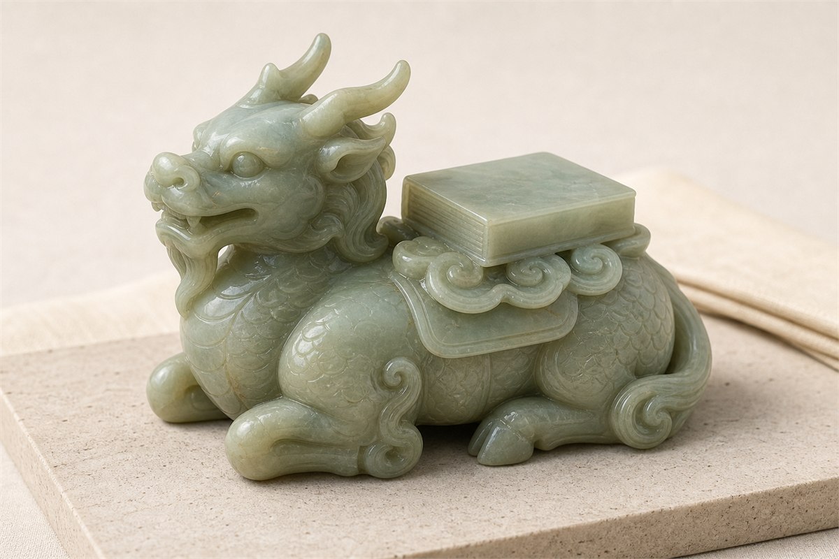 Pale jade-like reclining Qilin beside a blank closed book on a neutral study surface