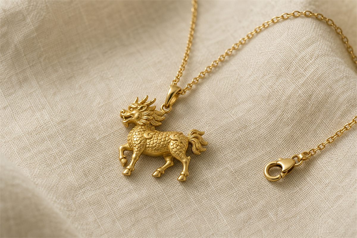 Satin-finished gold Qilin pendant with chain and clasp resting on warm ivory linen