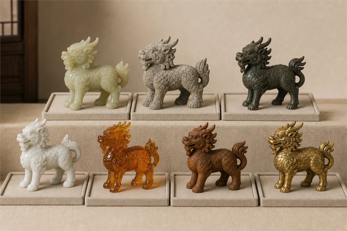 Seven Qilin objects in jade-like stone, limestone, copper alloy, porcelain, glass, wood, and gilded metal