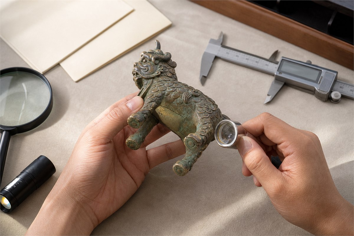 Hands examining the base and repair seam of a copper-alloy Qilin with a loupe and caliper nearby