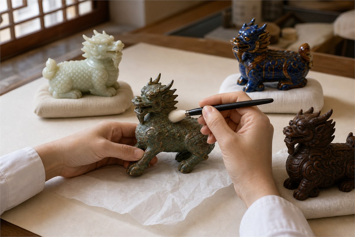 Conservator using a soft dry brush on a copper-alloy Qilin with stone, ceramic, and wood objects supported nearby