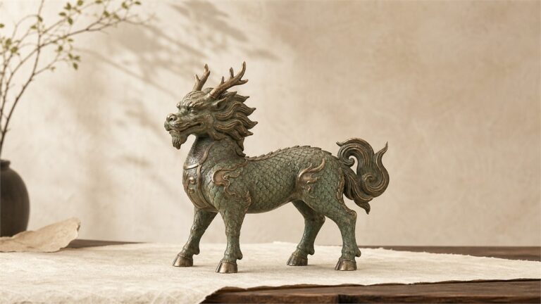 Bronze Qilin sculpture with muted green accents on handmade paper in warm natural light