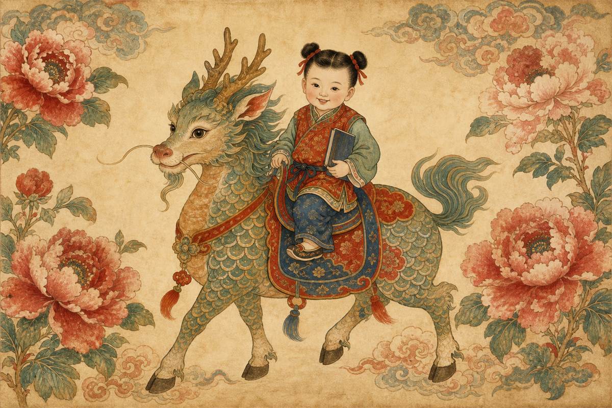 Child riding a gentle composite Qilin in a refined New Year print inspired composition