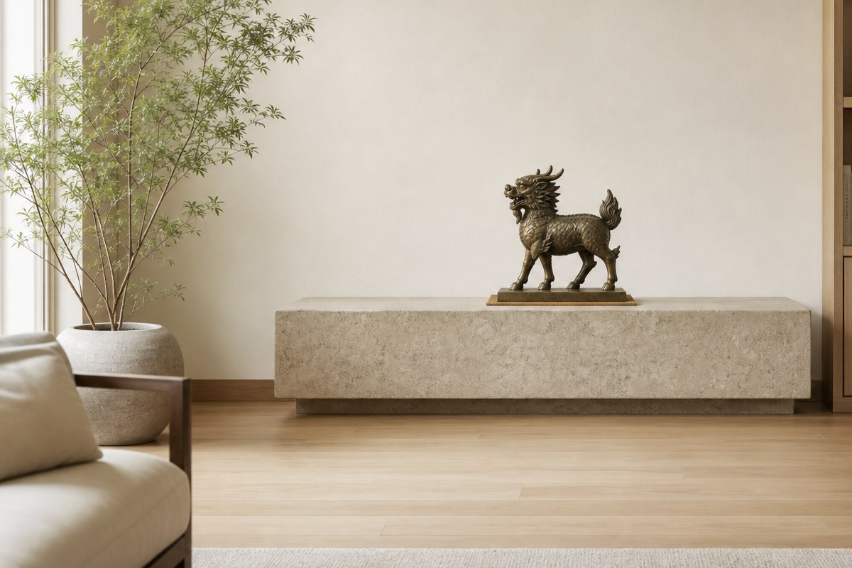 Bronze Qilin centered on a broad stone console with a cork pad and clear walkway