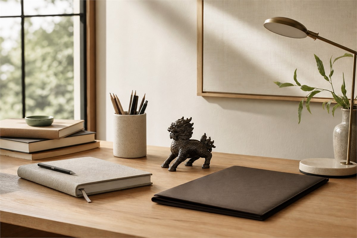 Small dark Qilin sculpture placed securely on a modern study desk in warm daylight
