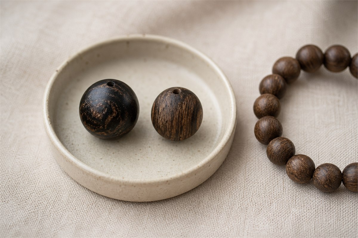 Two dark agarwood bead samples in a ceramic dish beside a plain brown bead strand