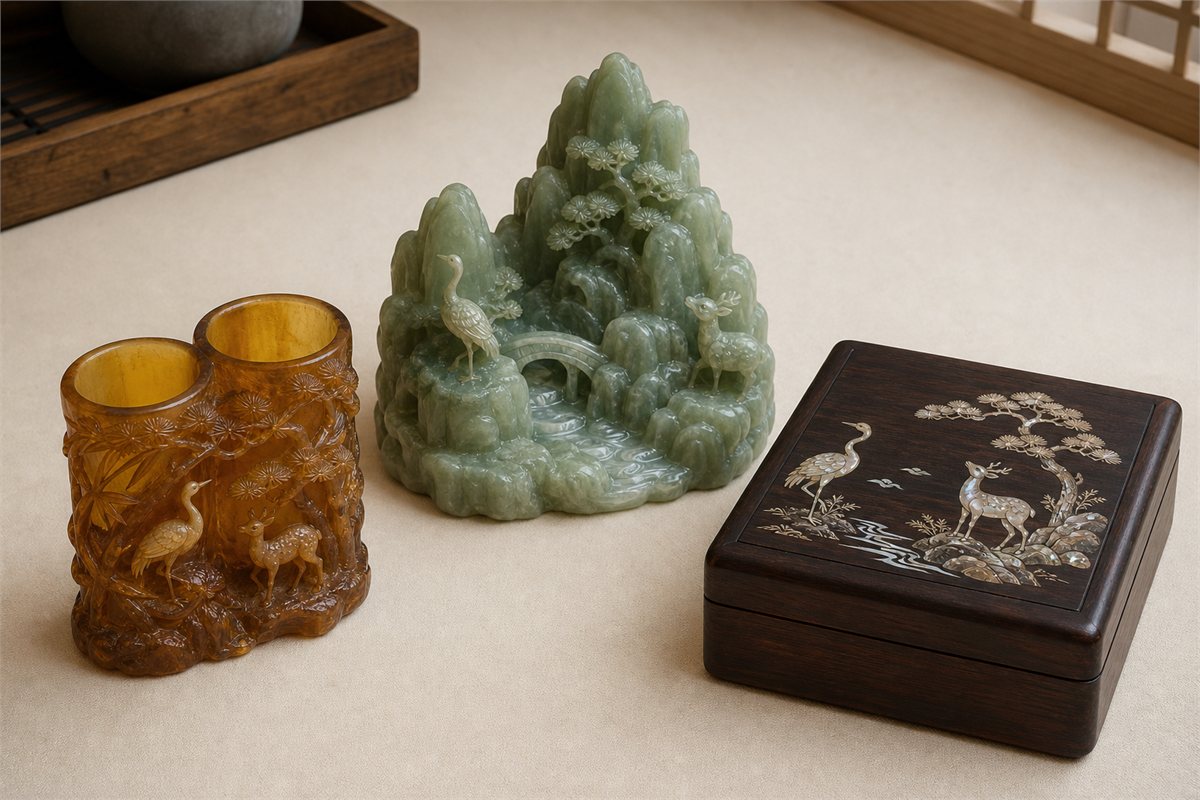 Amber-toned flower holder, green landscape carving, and dark wood inlaid box with crane-deer scenes