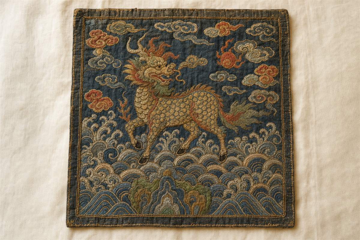 Post-1662 Qing first-rank military style Qilin badge embroidered above waves and clouds