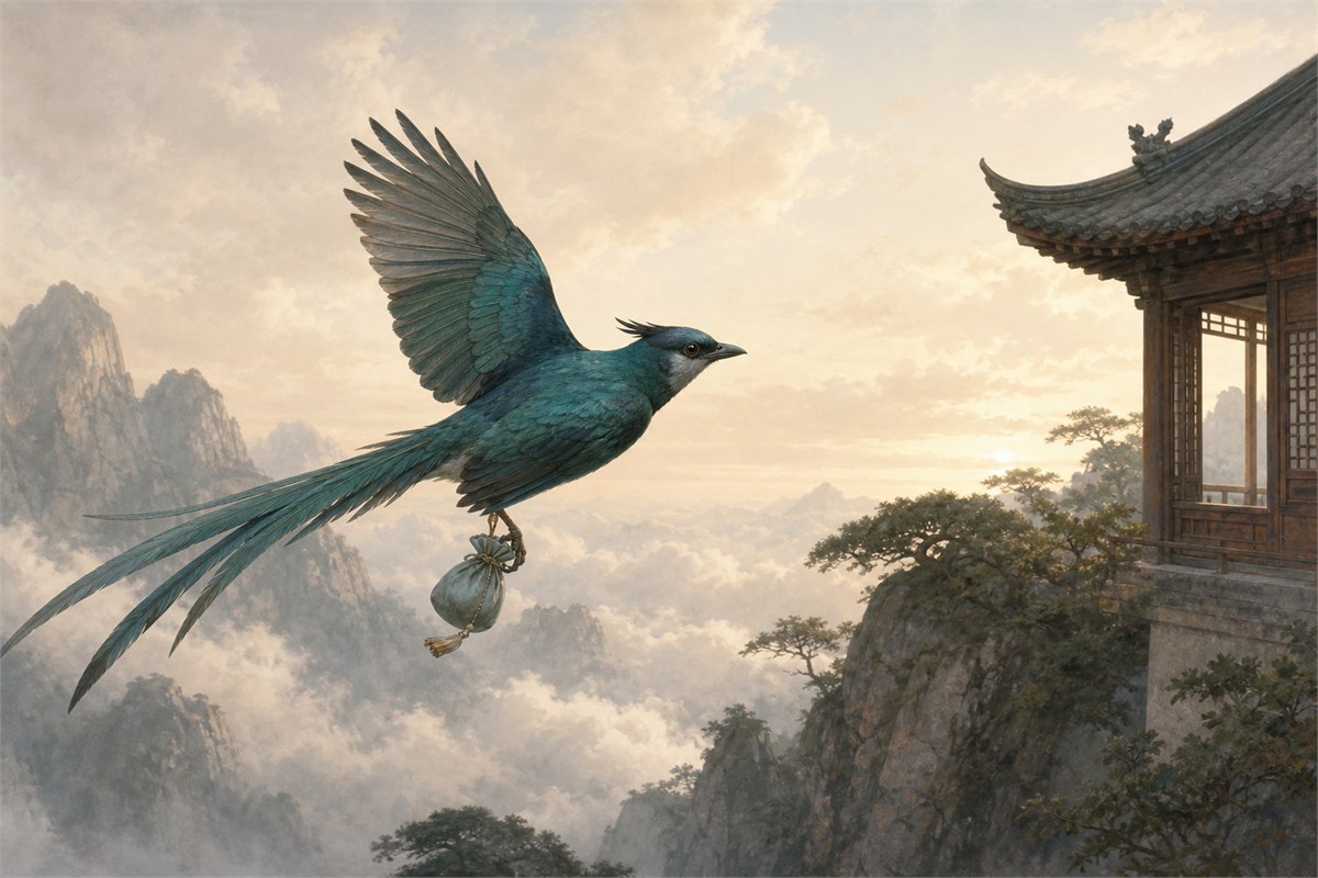 Single blue-green long-tailed messenger bird carries a small silk pouch toward a mountain pavilion
