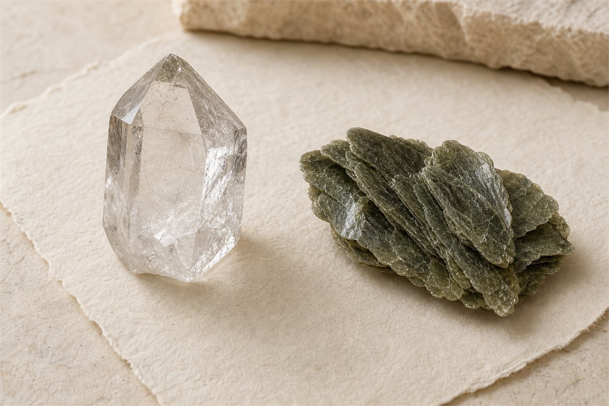 Clear quartz crystal beside a separate flaky olive-green chlorite specimen on ivory paper