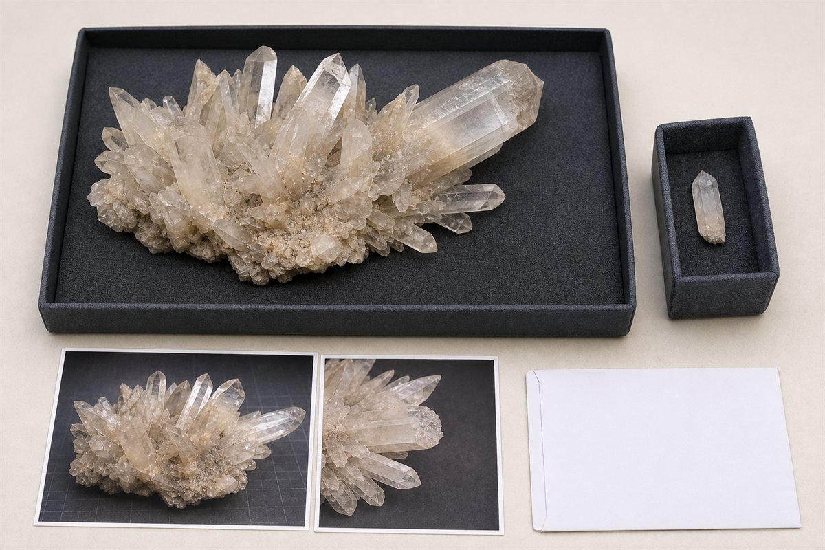 Quartz cluster and detached point stored separately with condition photographs and an archival envelope