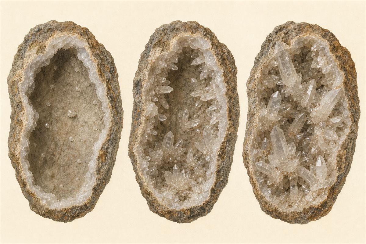 Three stages of quartz nucleation and crystal growth inside a rock cavity