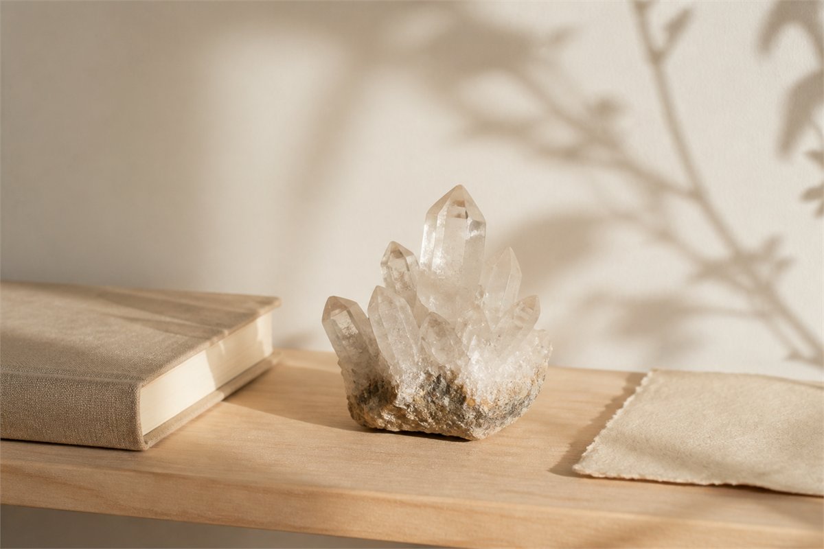 Small quartz cluster on a pale wood reading shelf beside a linen book and handmade paper