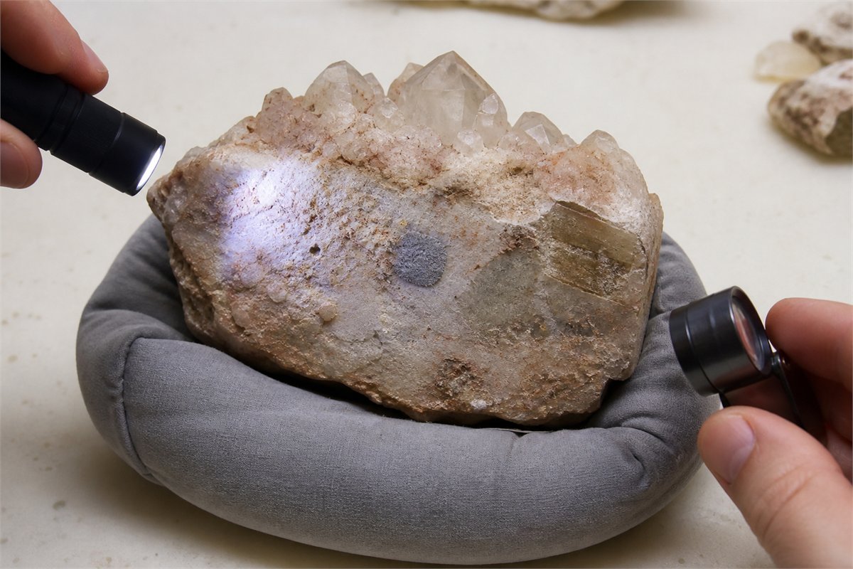 Quartz cluster underside supported in a padded cradle while the base is examined with cool inspection lights