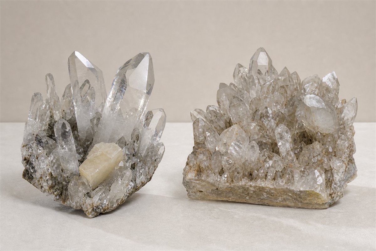 Two similarly sized quartz clusters compared for composition, luster, associated mineral, crowding, and condition