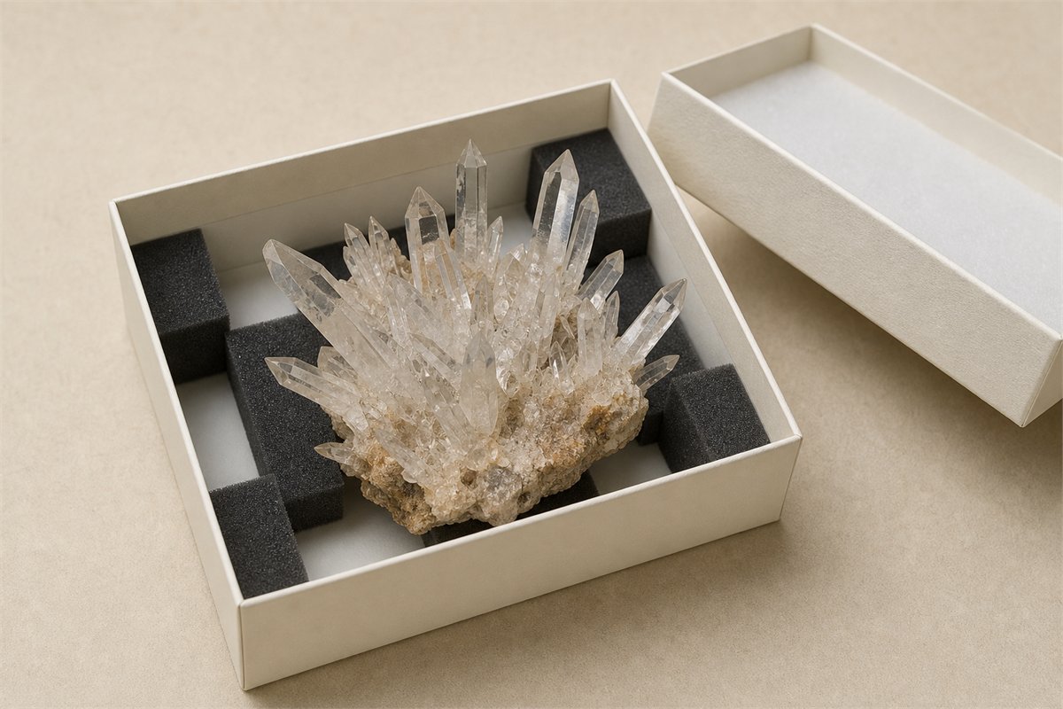 Quartz cluster stored in a rigid box with shaped foam supports positioned around the matrix