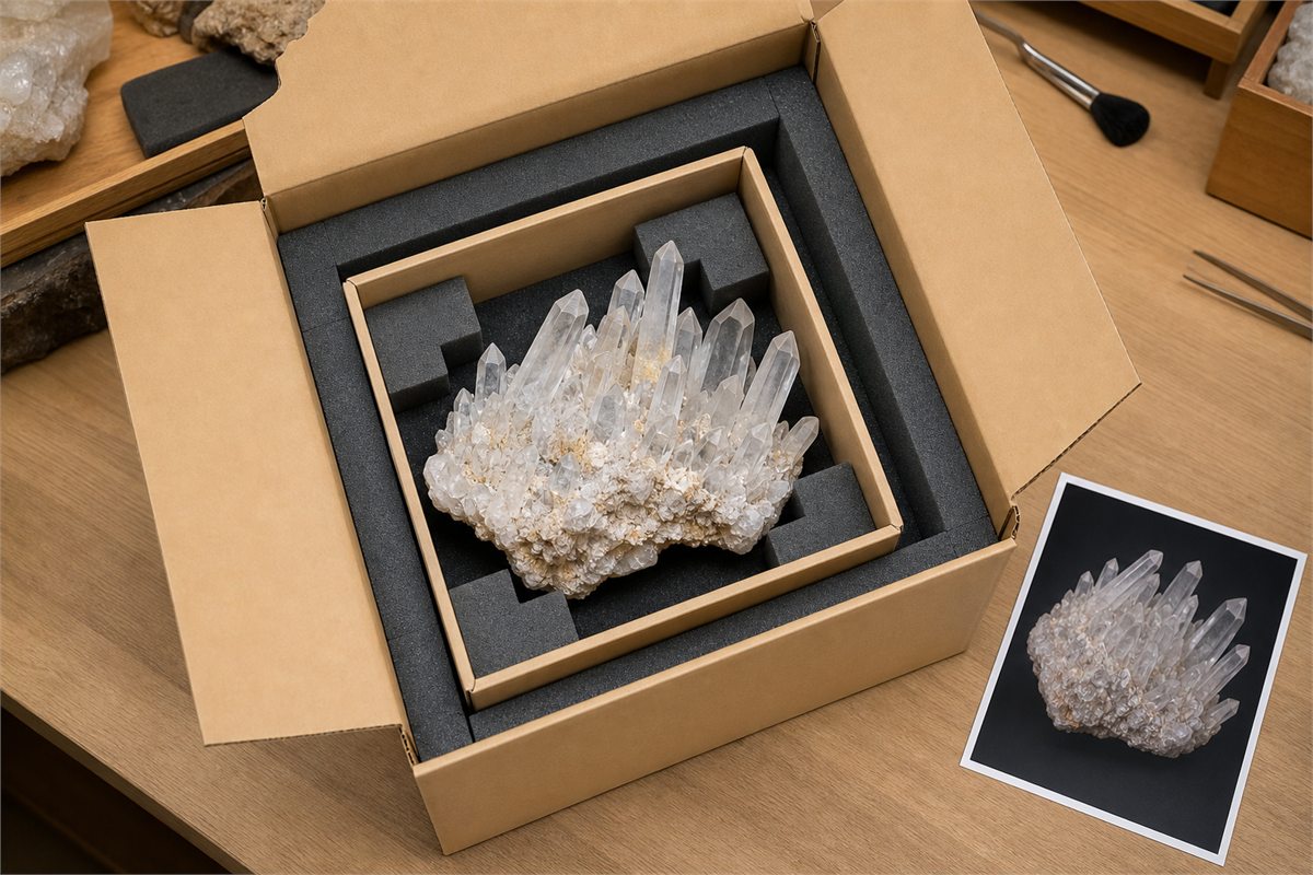 Quartz cluster immobilized by its matrix inside a custom inner tray nested in a larger foam-lined box