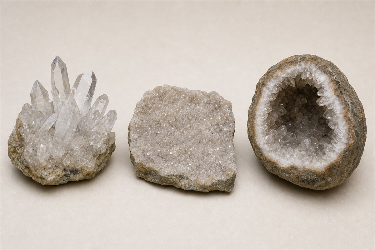 Separate quartz cluster, drusy quartz surface, and open quartz-lined geode displayed side by side
